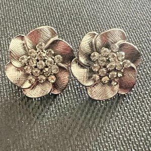 Black Silver Toned Floral Earrings with Dark Crystal Beads